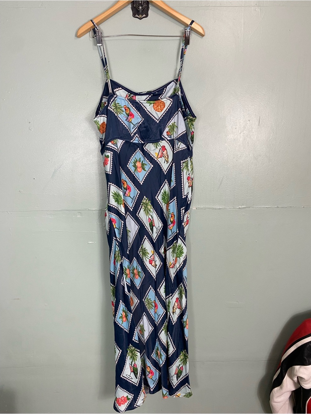 Anthropologie Conditions Apply Chloe Maxi Slip Dress Blue Stamp Bird 2X Tropical - Picture 7 of 9